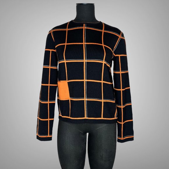 Hermes Womens Tattersall Sweater Wool & Silk EU 40 Pullover Orange Black NWT - Picture 1 of 14
